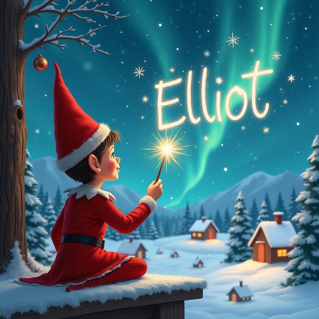 An elf wears a red outfit and points a wand at the sky. The elf writes the name 'Elliot' among the stars. The background has snowy houses and evergreen trees. There are shimmering Northern Lights overhead. The scene depicts childhood magic and Christmas delight.