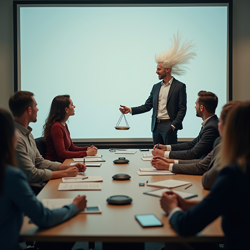 A man with animated hair holds scales while presenting to a business meeting.