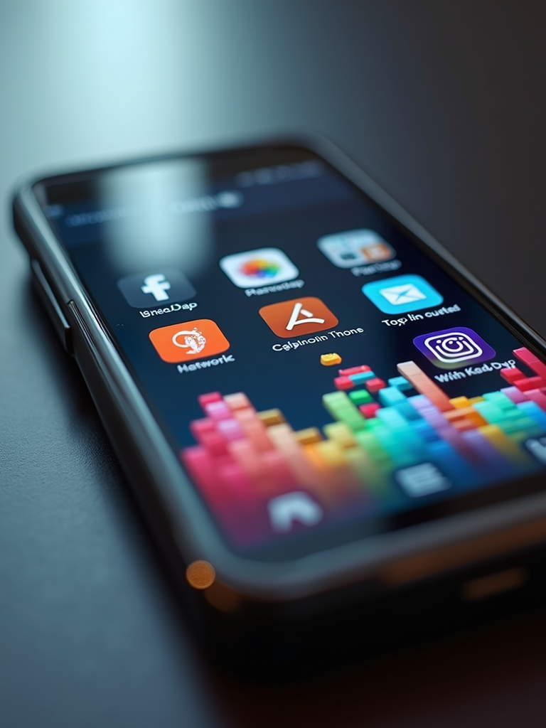 A smartphone showing a vibrant array of app icons with a colorful block pattern wallpaper, placed on a reflective surface.