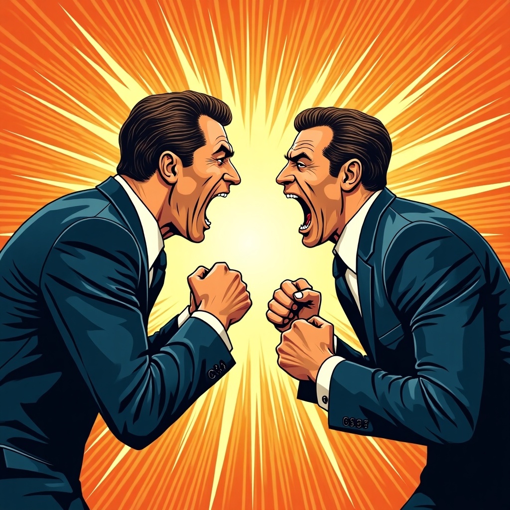 Illustration shows two identical figures in business suits shouting at each other with clenched fists. Background has dynamic lines that create an explosive effect.