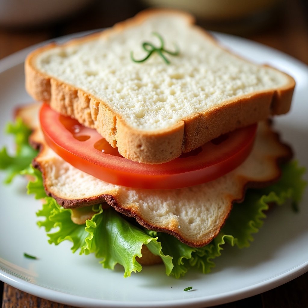 This image depicts a delicious sliced chicken and white cheese toast sandwich featuring fresh iceberg lettuce and ripe tomato slices. The sandwich is stacked with two slices of toasted bread showcasing its crispiness. The vibrant colors of the green lettuce and red tomato contrast beautifully with the light brown bread. This dish is perfect for a quick lunch or a light dinner. It's a simple yet flavorful meal that anyone can prepare easily.