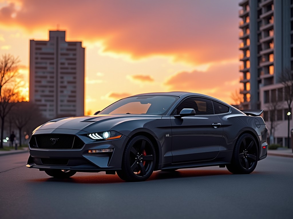 The image showcases a sleek, modern gray Ford Mustang parked on an urban street during sunset. The warm colors of the sunset create a dramatic backdrop, emphasizing the car's design features. The Mustang is captured in a low-angle perspective, portraying its sporty silhouette. The lighting highlights the car's glossy finish and aggressive stance. This image appeals to car enthusiasts and serves as an attractive representation of luxury and performance.