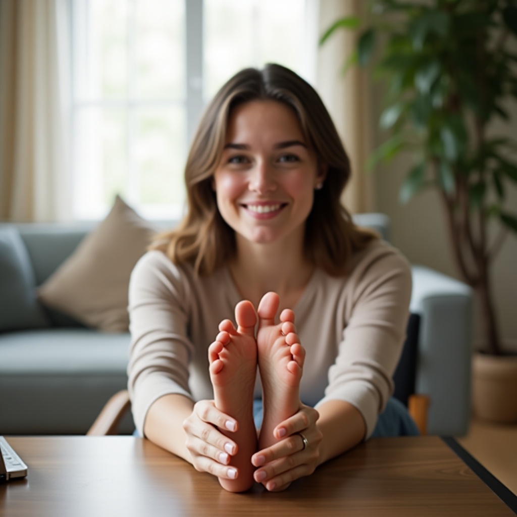 A young woman in her twenties relaxes at home. Bare feet resting on a desk. Cozy and inviting setting. Soft natural lighting. Gentle smile enjoying leisure time. Represents self-care and comfort.