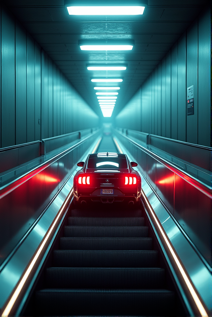 A car is strikingly positioned on an escalator, under neon lights in a futuristic tunnel.