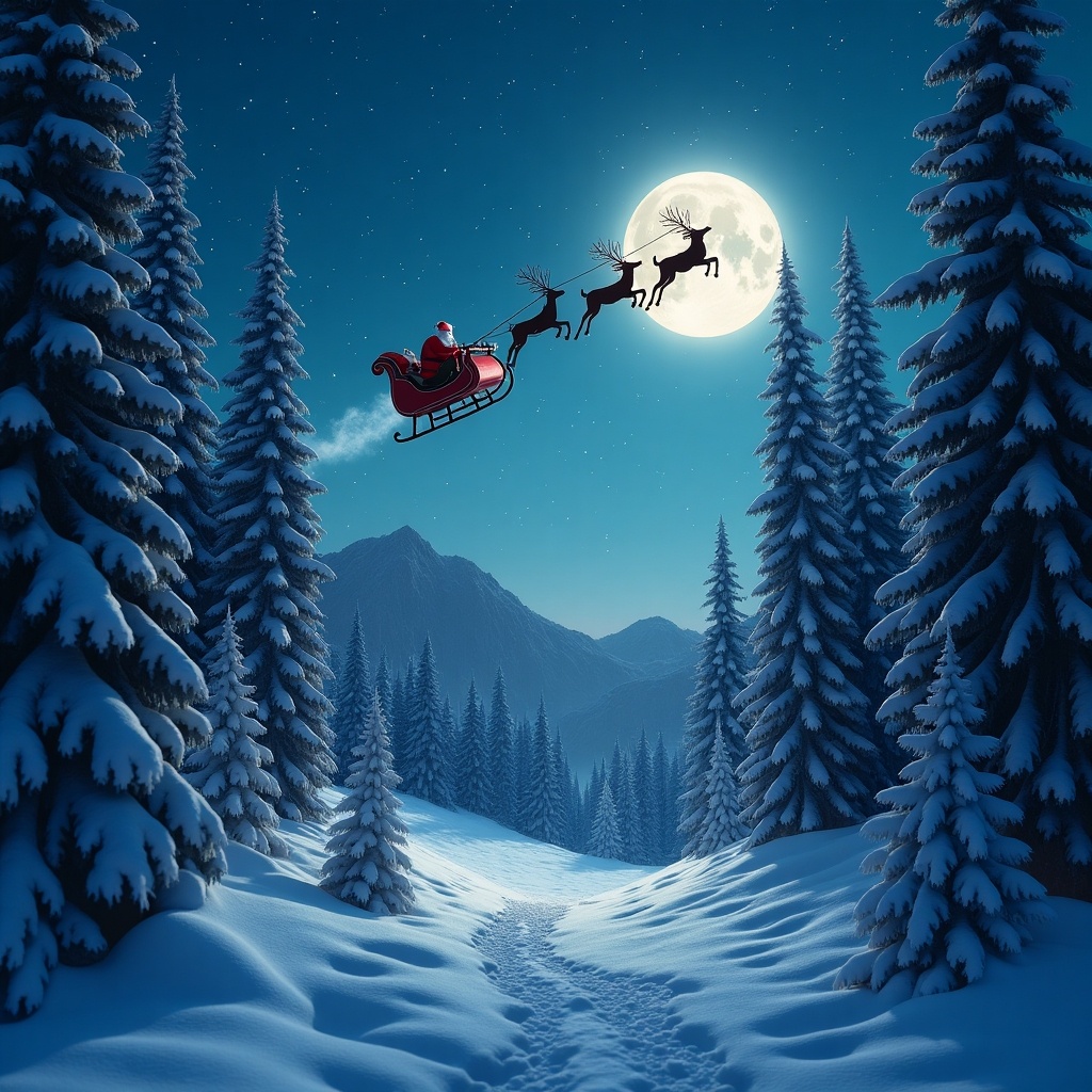 A festive scene in a snowy forest at the North Pole. Santa flies away in his sleigh pulled by reindeer. The scene is illuminated by a full moon. Towering snow-covered trees surround a snowy path leading into the distance.