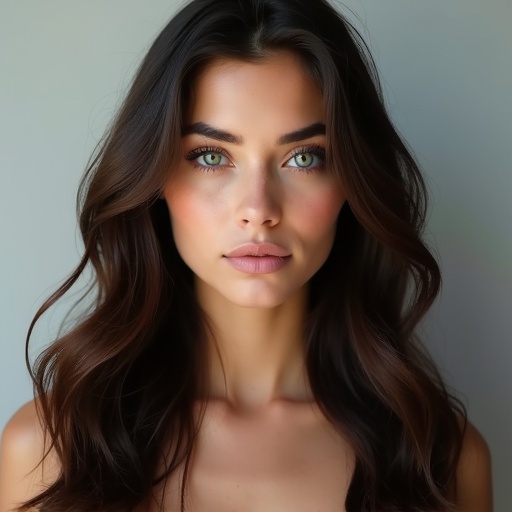 A photorealistic portrait of a young woman. She has long dark brown hair and striking blue eyes. The chin is smooth and round. Soft neutral lighting is used in a studio setting.