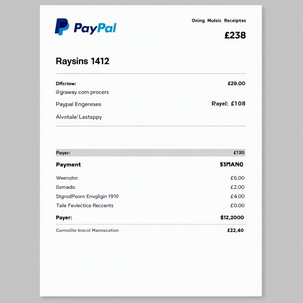 Image of a PayPal payment receipt showing proof of payment. Receipt indicates amount of £238. Includes payer's email and transaction details. Features PayPal logo on top. Document has clean design suitable for online transactions.