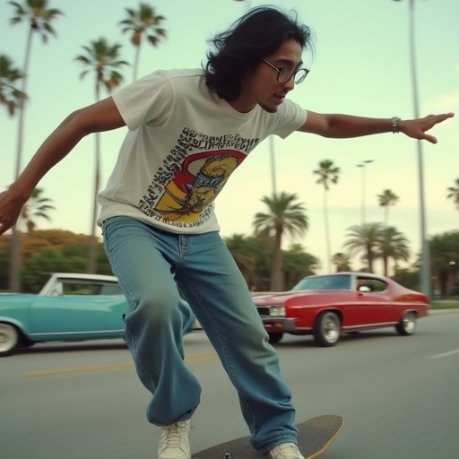 A skateboarder rides smoothly on a street in Orlando. The skateboarder wears a graphic tee and baggy jeans. Palm trees line the road. Vintage cars drive by in the background. The scene captures the essence of 2000 skateboarding culture.