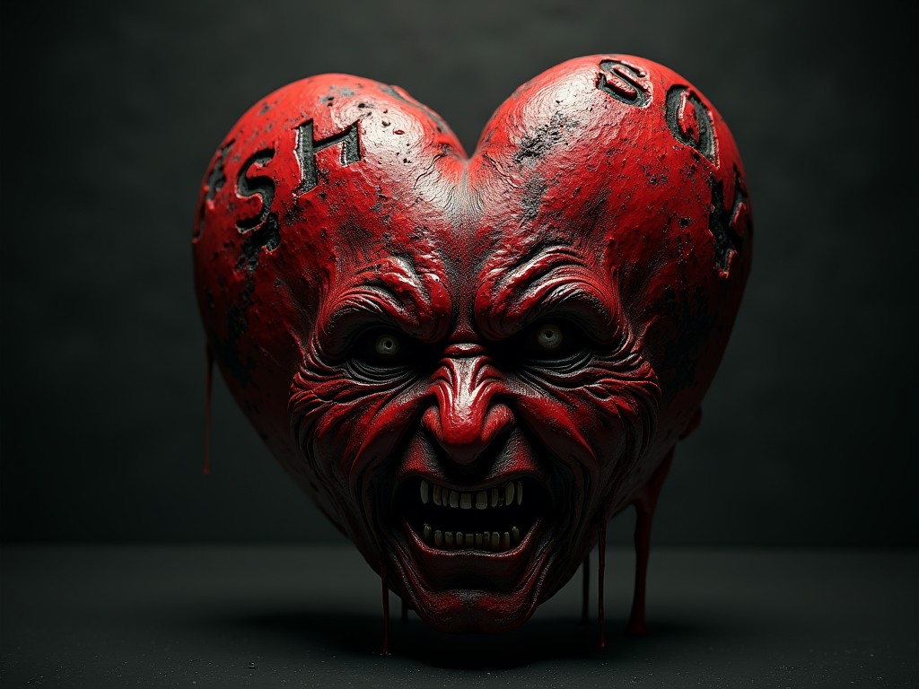 This is a striking digital artwork depicting a heart-shaped figure with a menacing face. The heart is painted in a vivid red, with black letterings that stand out against its textured surface. The intense expression of the face, with deep furrows and sharp teeth, gives the piece an unsettling and surreal quality. The use of shadow and light adds depth and enhances the sinister mood.