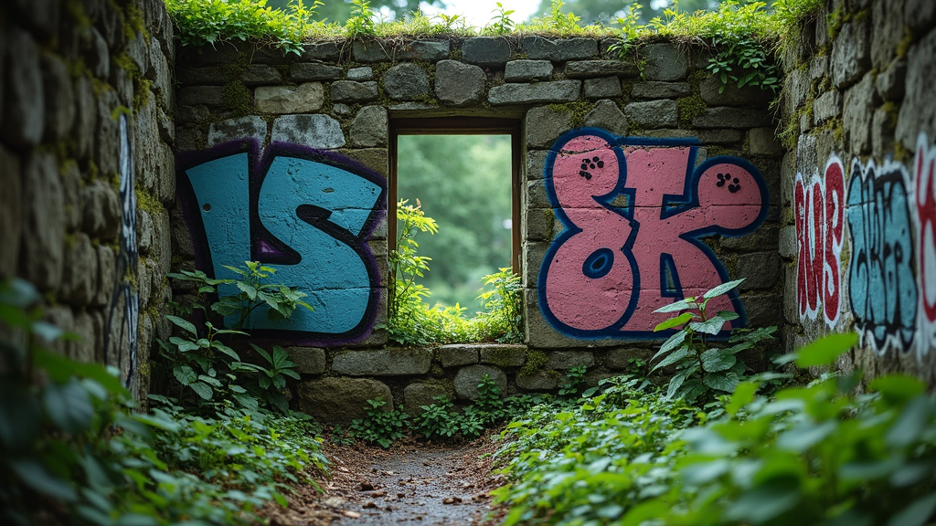 A vibrant stone wall adorned with colorful graffiti surrounds a window framing lush greenery.