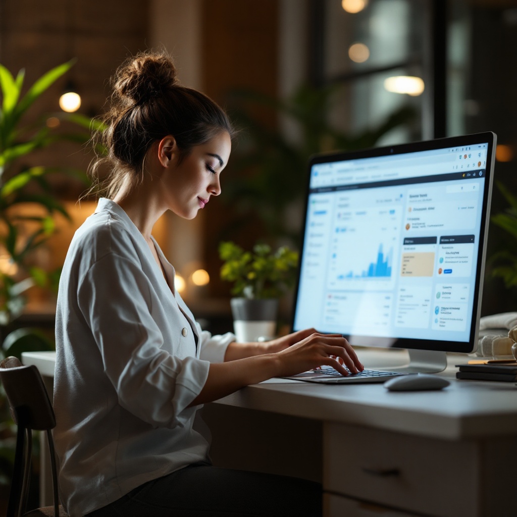 High quality photo of a spa manager managing tasks using a task management tool in a serene workspace. Features a modern desk setup with a computer displaying a management tool and plants for a calming atmosphere.