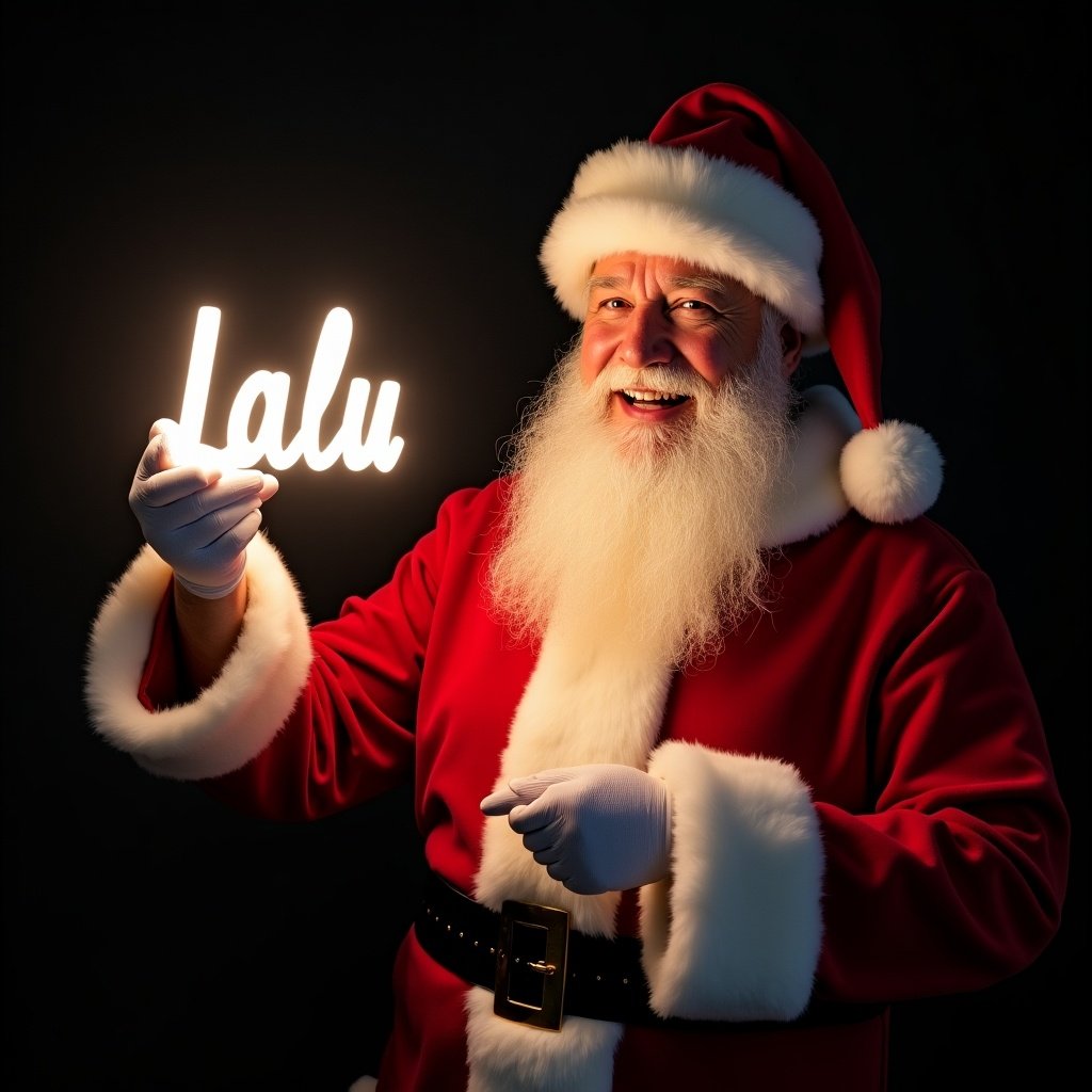 Santa Claus wearing a traditional red and white suit holds a glow stick forming the name Lalu. Jolly expression shows warmth and holiday cheer with a dark background enhancing the glow.