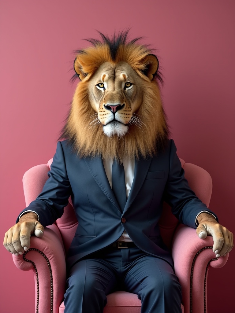 A lion with a realistic human face sits in a pink sofa wearing a blue suit. The lion has a luxurious mane that matches his formal style. Setting has a soft background that complements the scene.