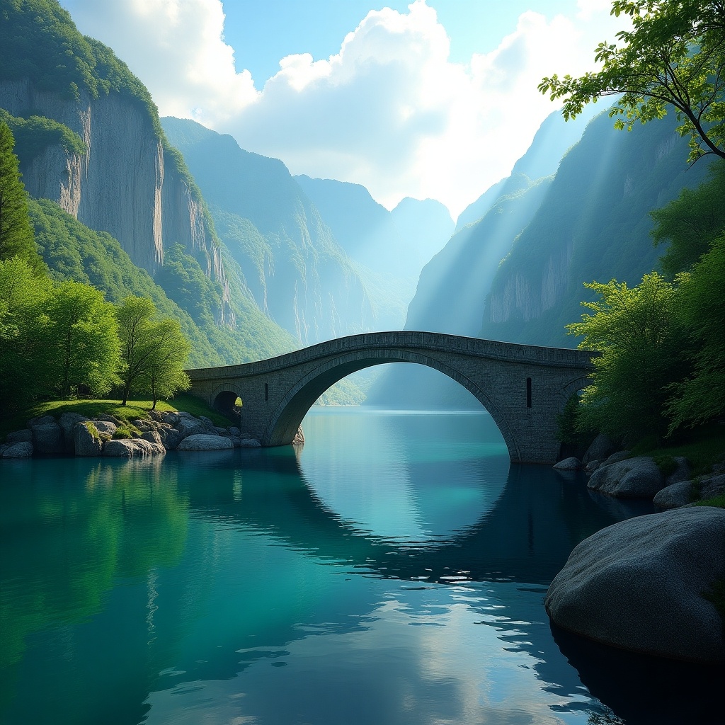 The image showcases a breathtaking natural landscape characterized by a calm lake framed by verdant mountains. A graceful stone arch bridge elegantly spans the water, blending perfectly with the serene surroundings. Lush greenery adorns the area, inviting viewers into a peaceful nature retreat. Above, the sky is partly cloudy, with gentle rays of sunlight filtering through. This picturesque scene evokes a sense of tranquility and a desire to explore its stunning beauty further.