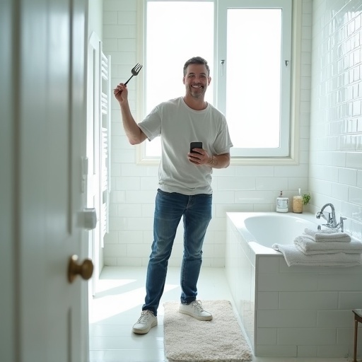 Man stands in bathroom. He holds a fork in one hand and a smartphone in the other. Bright natural light fills the room. Modern bathroom features visible. Minimalist decor settings add to the image.