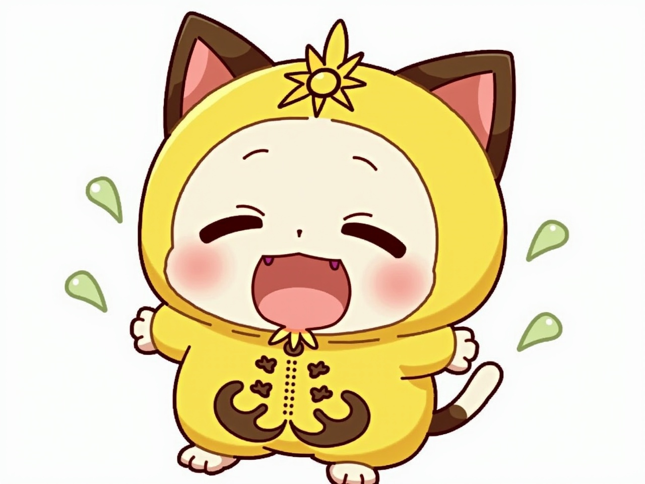 The image depicts an animated character resembling a cat. It has a large, round head with big eyes and a wide, happy mouth. The character is dressed in a vibrant, yellow outfit with intricate details, including a sun-like emblem at the top of the head. Its ears are pointed, and it seems to be excited or joyful. The design is colorful and whimsical, appealing to fans of animations or cartoons.