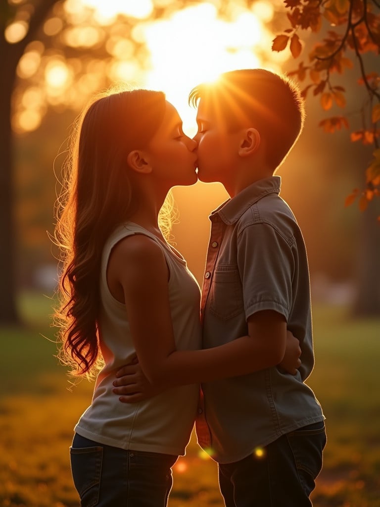 Kissing couple in a park during sunset. Warm light surrounds subjects. Intimate atmosphere and natural environment enhance romantic scene.