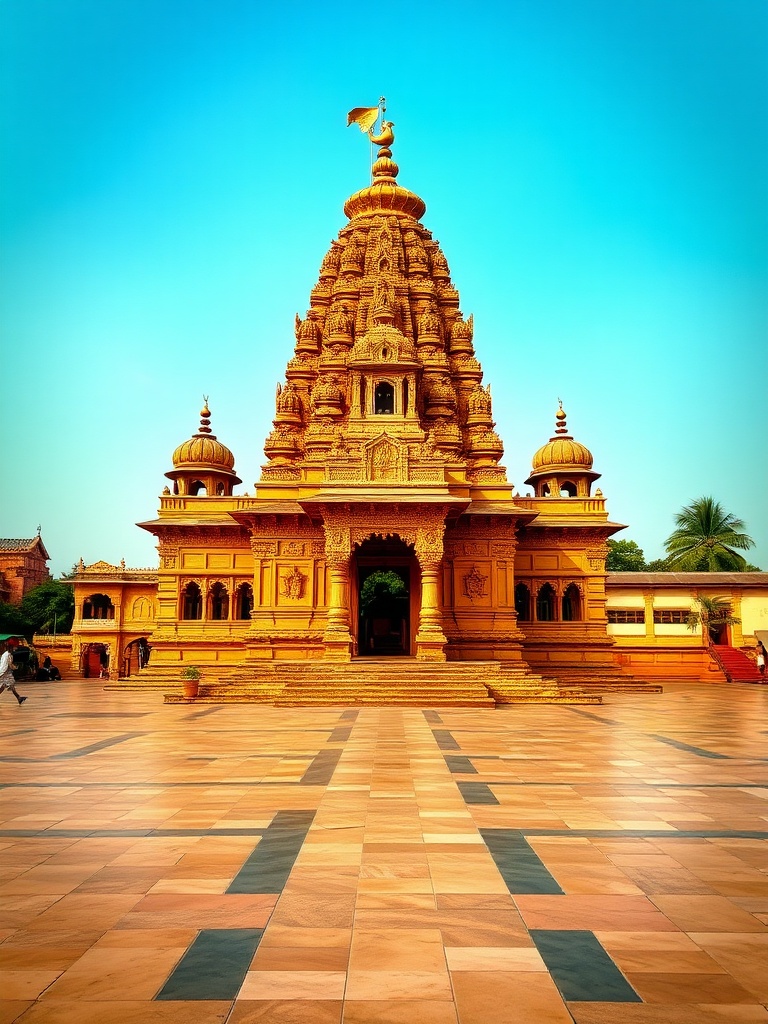 A beautifully ornate Indian temple under a clear blue sky, with intricate carvings and a symmetrical design, showcasing traditional architecture.