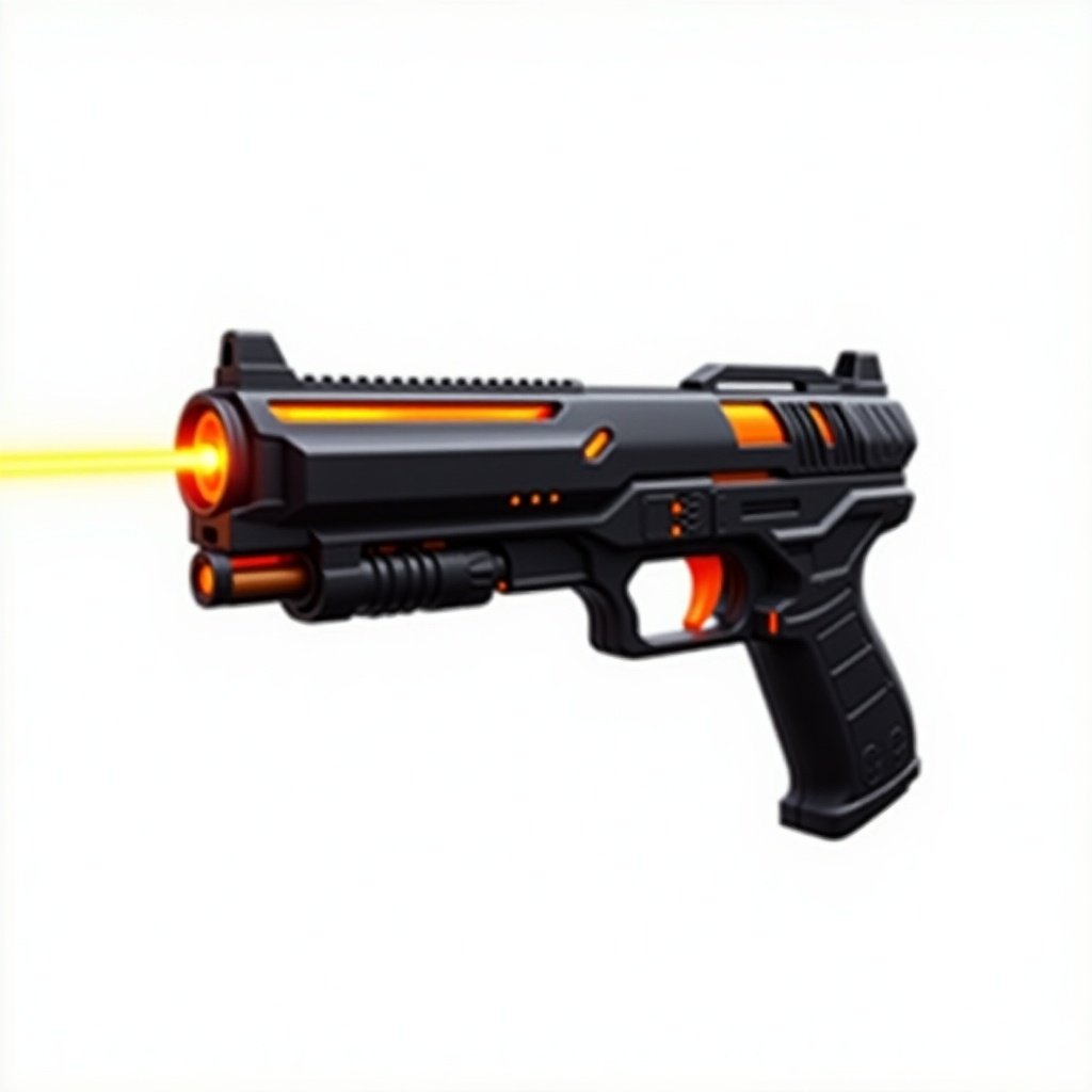 This image features a highly detailed, futuristic gun displayed against a blank white background. The gun has a primarily black body with vibrant orange highlights, showcasing an advanced design that suggests futuristic technology. A glowing laser emits from its barrel, highlighting its high-tech features. The emphasis on the intricacies of the gun's design tells a futuristic narrative. Overall, the image captures the essence of a cutting-edge weapon in a minimalist setting.