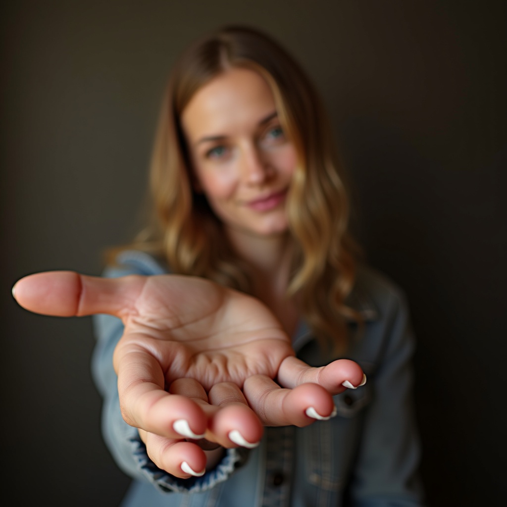 The image features a woman with an inviting demeanor, extending her open hand towards the viewer. Her hand is prominently displayed in the foreground, showcasing elegantly manicured nails. The background is softly blurred, emphasizing her gesture. She has a friendly expression, suggesting warmth and openness. The lighting is natural and flattering, enhancing the overall appeal of the image. This composition evokes feelings of friendliness and approachability, making it suitable for various contexts.