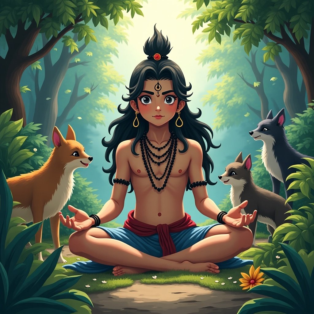 Create an image of a sanatani anime boy with nature protecting from danger. Boy meditates peacefully with natural elements and surrounding animals.