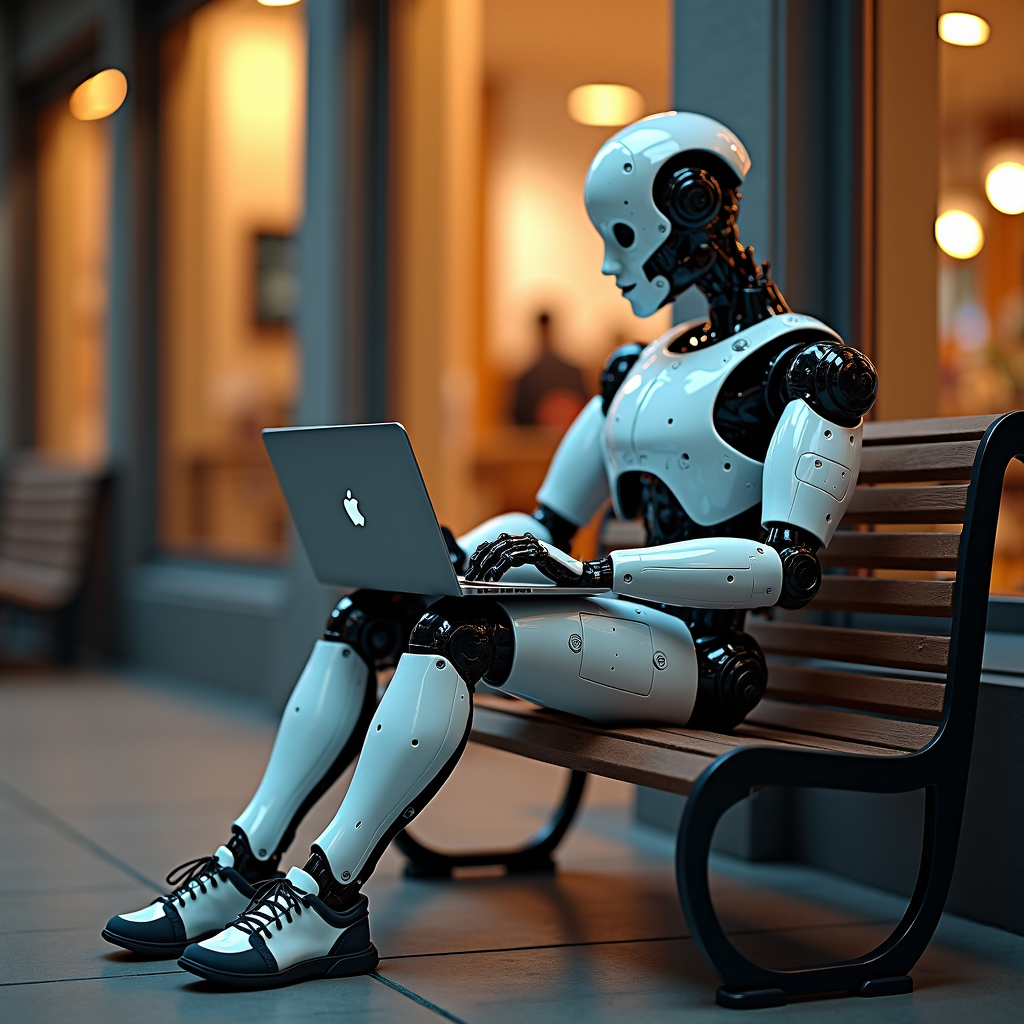 A humanoid robot sits on a wooden bench with a laptop, set against a warm, bokeh-lit urban backdrop.