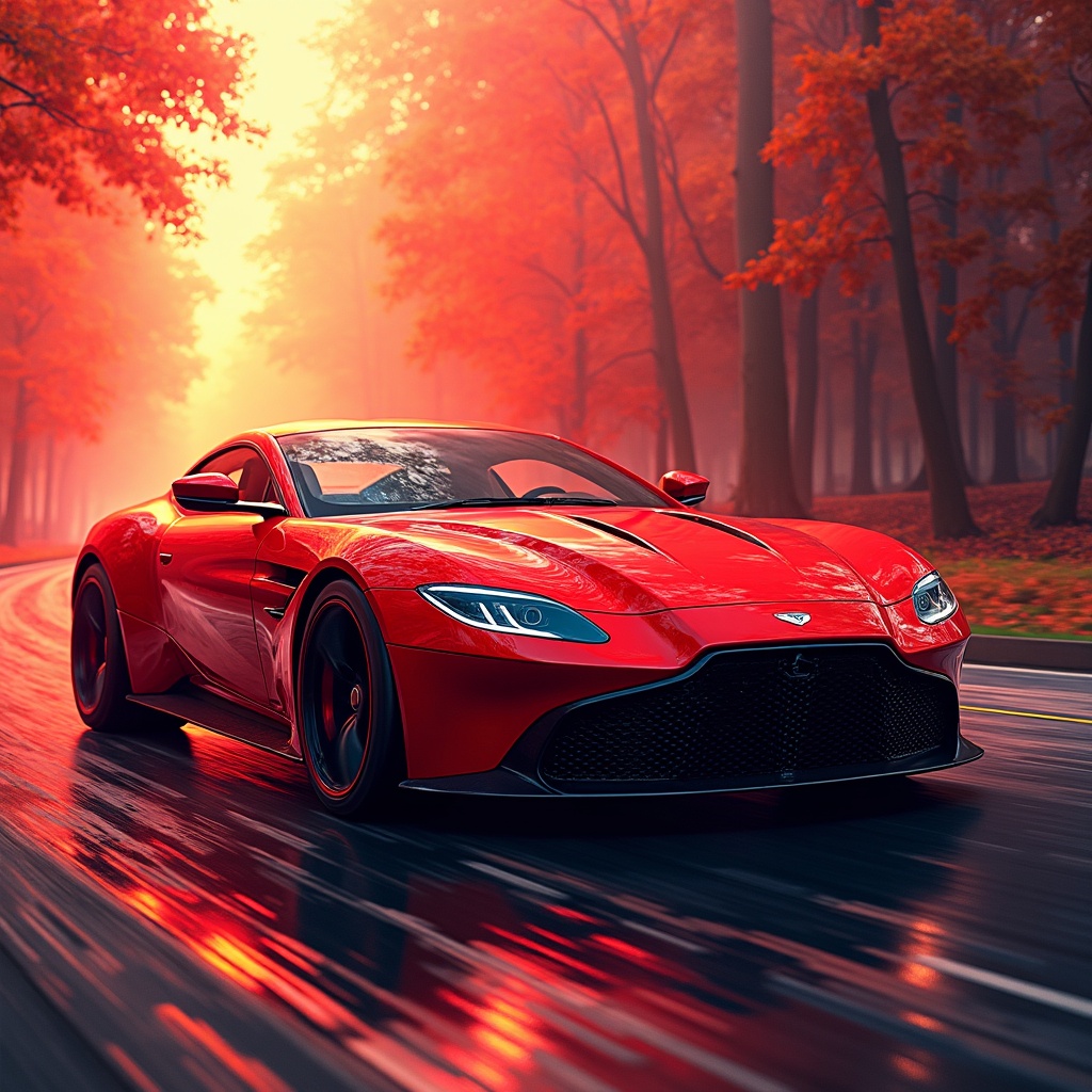 A sleek red sports car speeding down a picturesque road lined with vibrant autumn trees.