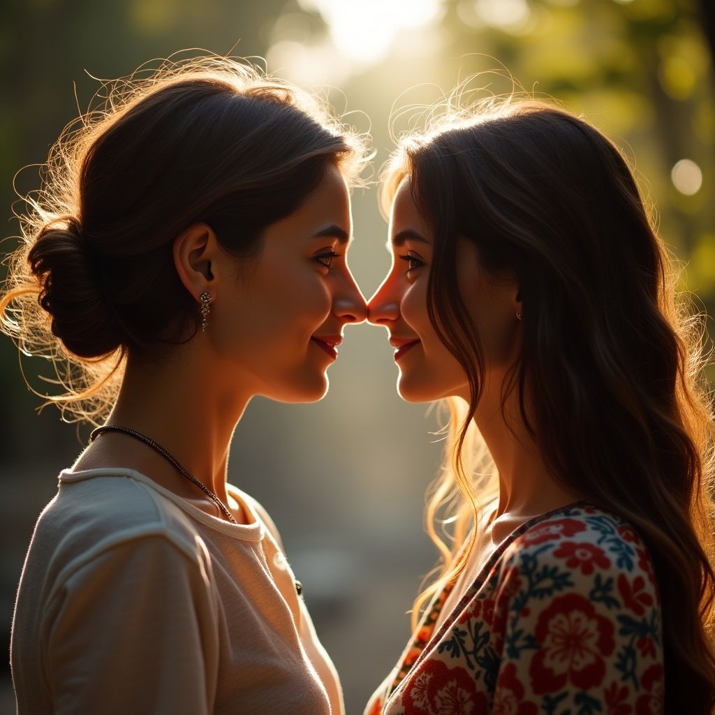 Two women standing closely with their noses touching. Background features a blurred natural landscape. Warm and inviting atmosphere.