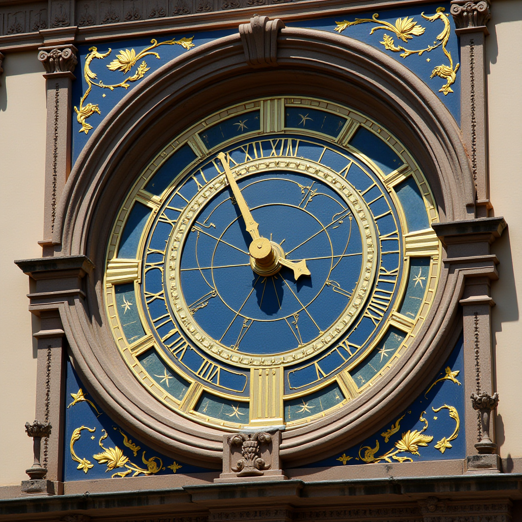 A detailed, ornate clock face with Roman numerals, gold embellishments, and intricate floral patterns against a blue background.