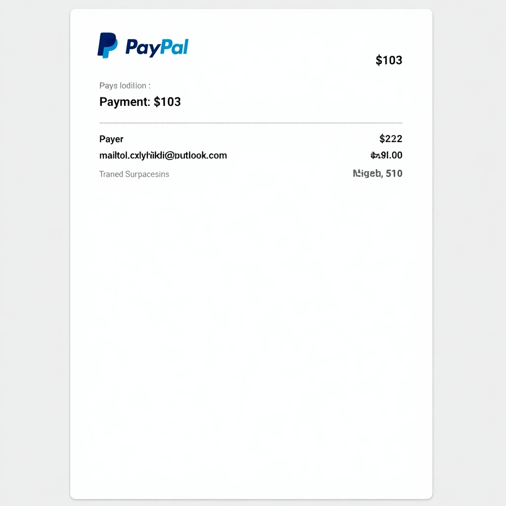 PayPal payment receipt shows transaction of $103 to mailto:ldxmlyhkdi21@outlook.com. Document has PayPal logo, payer details, transaction amount, and transaction number. Designed for online payments.