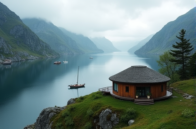 A round wooden cabin sits on a grassy cliff overlooking a calm fjord with sailboats.