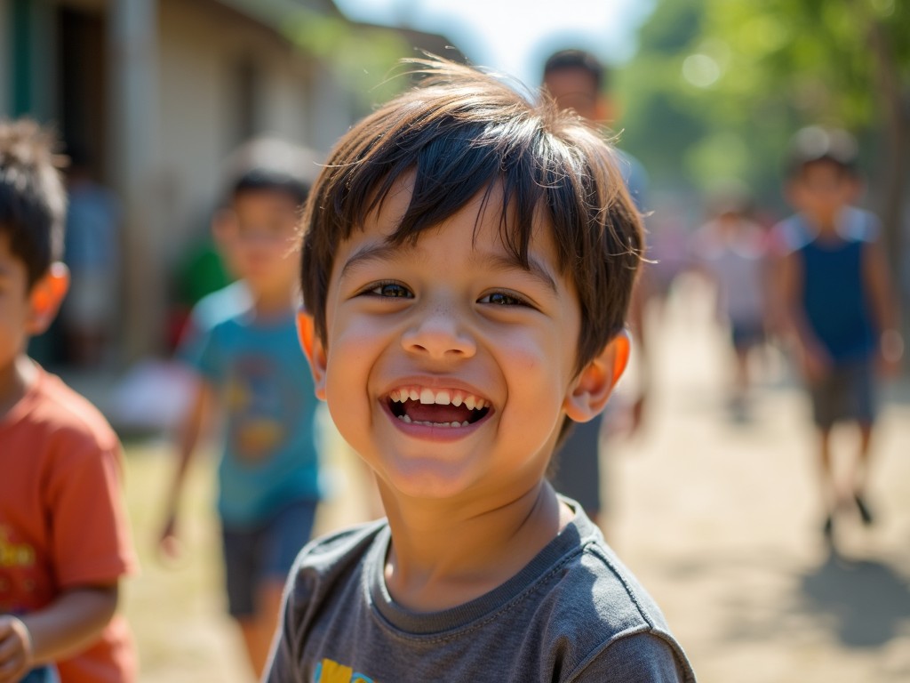 The image captures a young child beaming with joy and laughter in an outdoor setting, likely a park or playground. The sunlight enhances the cheerful atmosphere, creating a warm glow around the child and blurring the background figures, suggesting the presence of other children enjoying their playtime. The overall scene radiates happiness and carefree childhood moments.