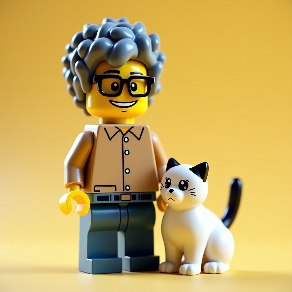 LEGO-style avatar of a man with fluffy gray and black hair and spectacles standing next to a white cat.