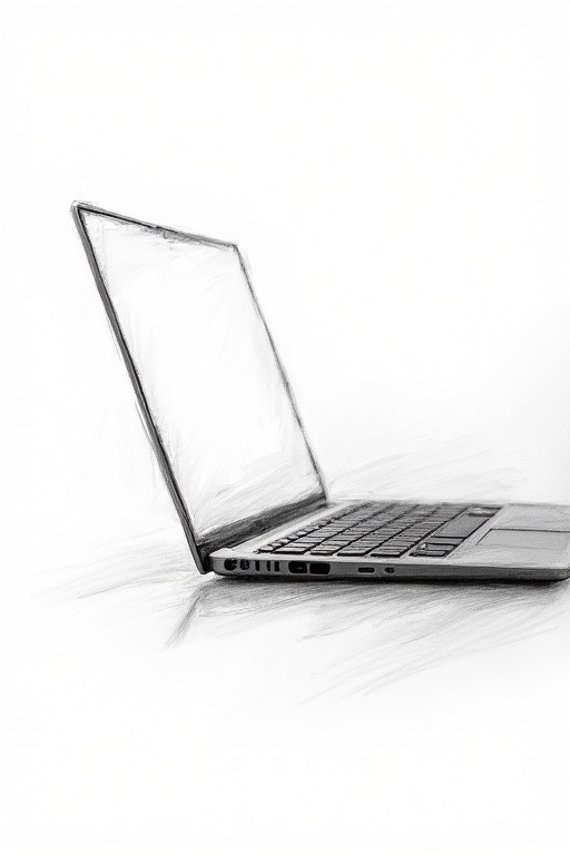 Black and white detailed sketch of laptop. Close-up view showing laptop from the side. Thin pencil style on white paper emphasizing minimalism and fine details.