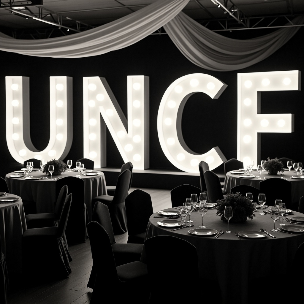 The image shows a stylish banquet room arranged in black and white. Large, illuminated letters spelling 'UNCF' are prominently placed against a dark backdrop. Round tables covered in charcoal grey linens fill the space, each elegantly set with dinnerware. The atmosphere is sophisticated and inviting, ideal for a fundraising or corporate event. Draped fabric overhead adds to the ambiance, creating a festive and formal look.