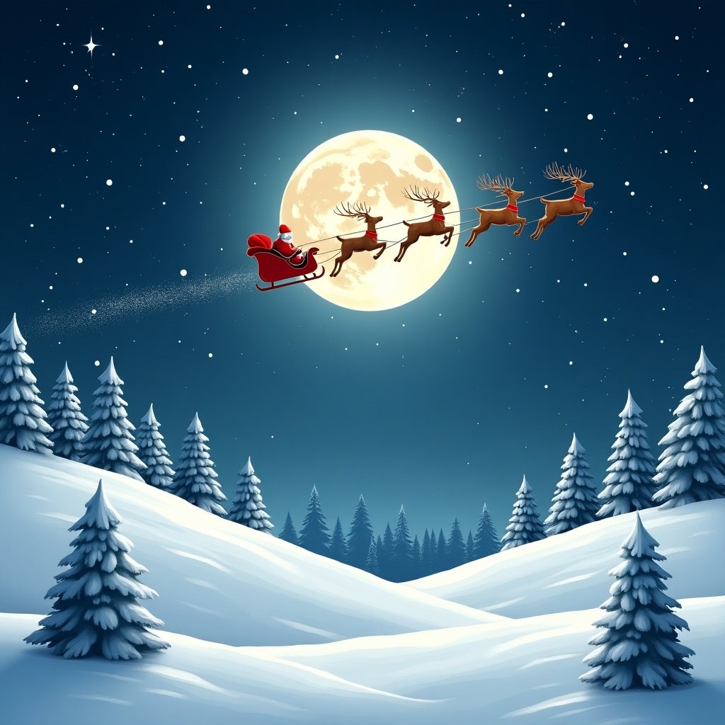 A red sleigh pulled by five reindeer is flying across a starry sky in front of a full moon. A snowy landscape with Christmas trees is below. Magical dust trails behind the sleigh.