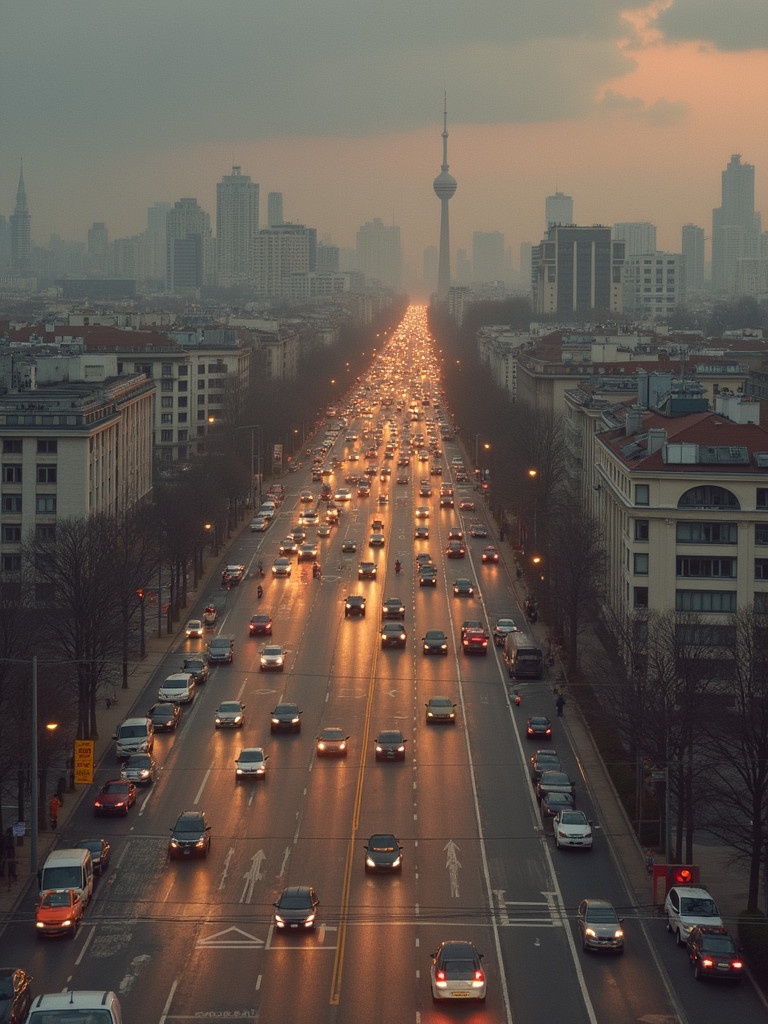 An aerial view of a bustling city street at dusk. Cars light up the wet pavement leading to a skyline with a television tower. Soft sunlight casts a golden hue. Trees line the street.