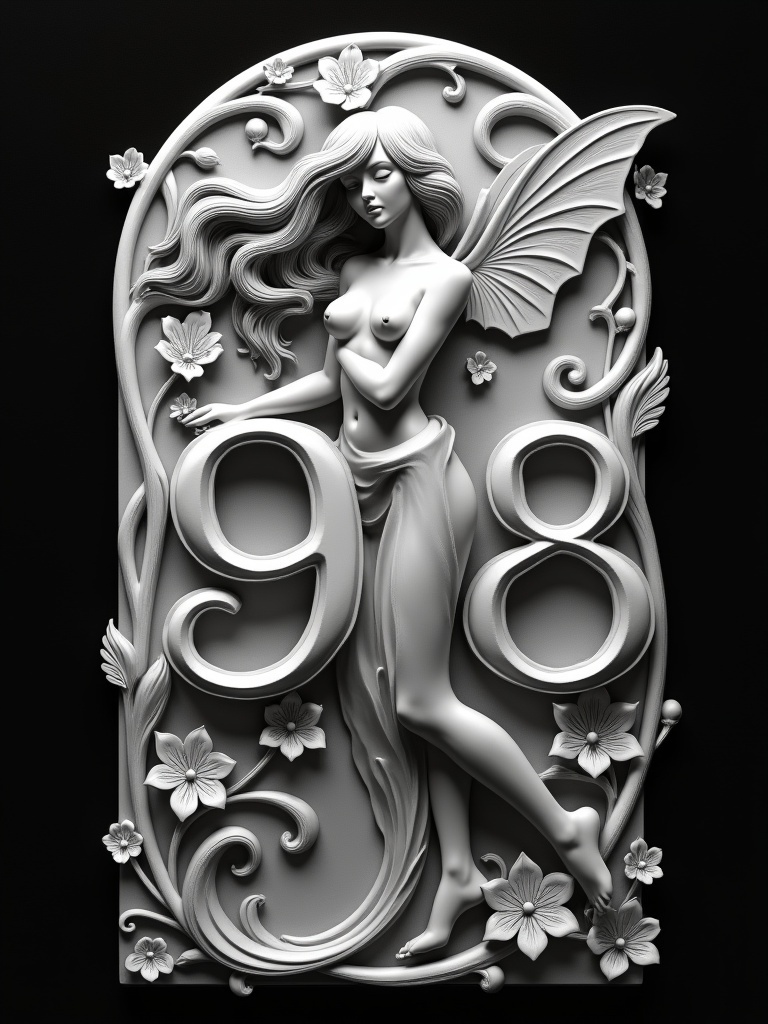 Elegant grayscale depth image of an Art Nouveau style address sign featuring a sensual figure with flowing hair and graceful curves holding the numbers 918. The figure integrates into intricate organic design with curved lines, floral patterns, flowing tendrils, and soft dragon wings against a black background.