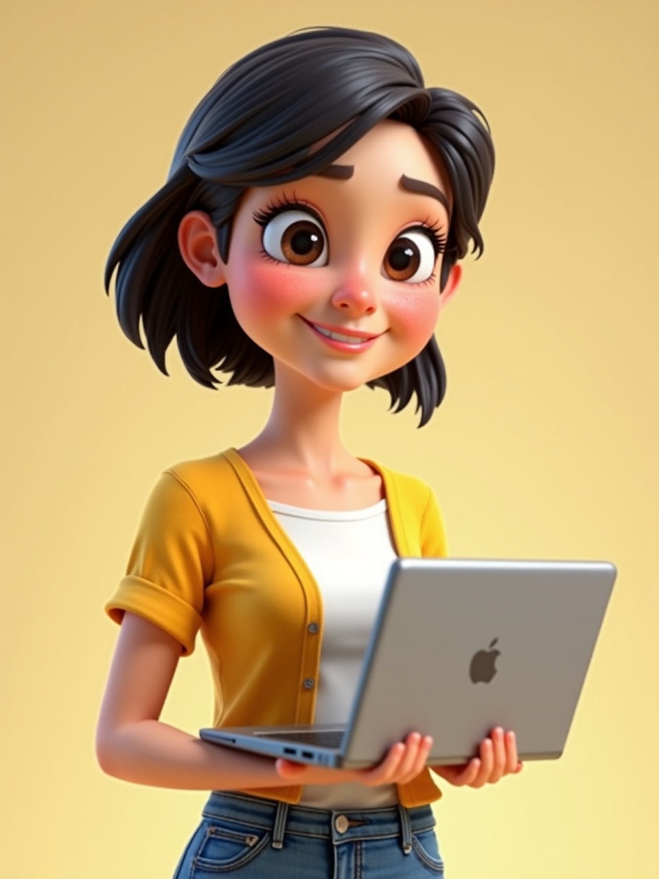 This image is a digital illustration featuring a young woman with short black hair, holding a laptop. She is wearing a yellow cardigan over a white top and has a friendly, slightly whimsical expression. The background is a solid light yellow, enhancing the bright and cheerful atmosphere of the image.