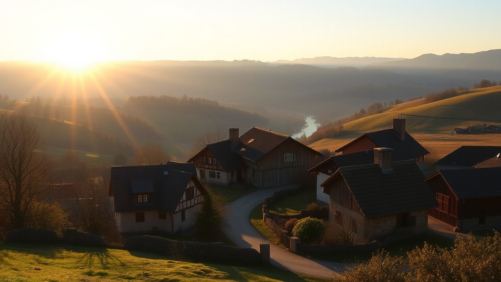 A peaceful hillside village at sunrise, with the sun casting a warm glow over traditional houses and rolling fields.