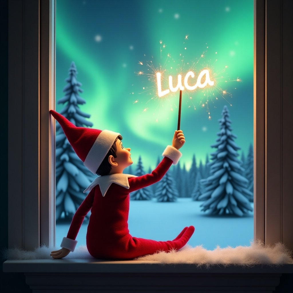 The image features an adorable elf on the shelf sitting on a window ledge, with his back turned to the viewer. He is using a magical wand to create twinkling sparks spelling Luca while looking up at a stunning display of northern lights. The background is set in a winter wonderland, filled with snow-covered pine trees, conjuring a festive holiday feel. Dressed in a vibrant red outfit with white trim, the elf embodies the Christmas spirit. The scene is illuminated by the enchanting colors of the aurora borealis, enhancing the magical ambiance.