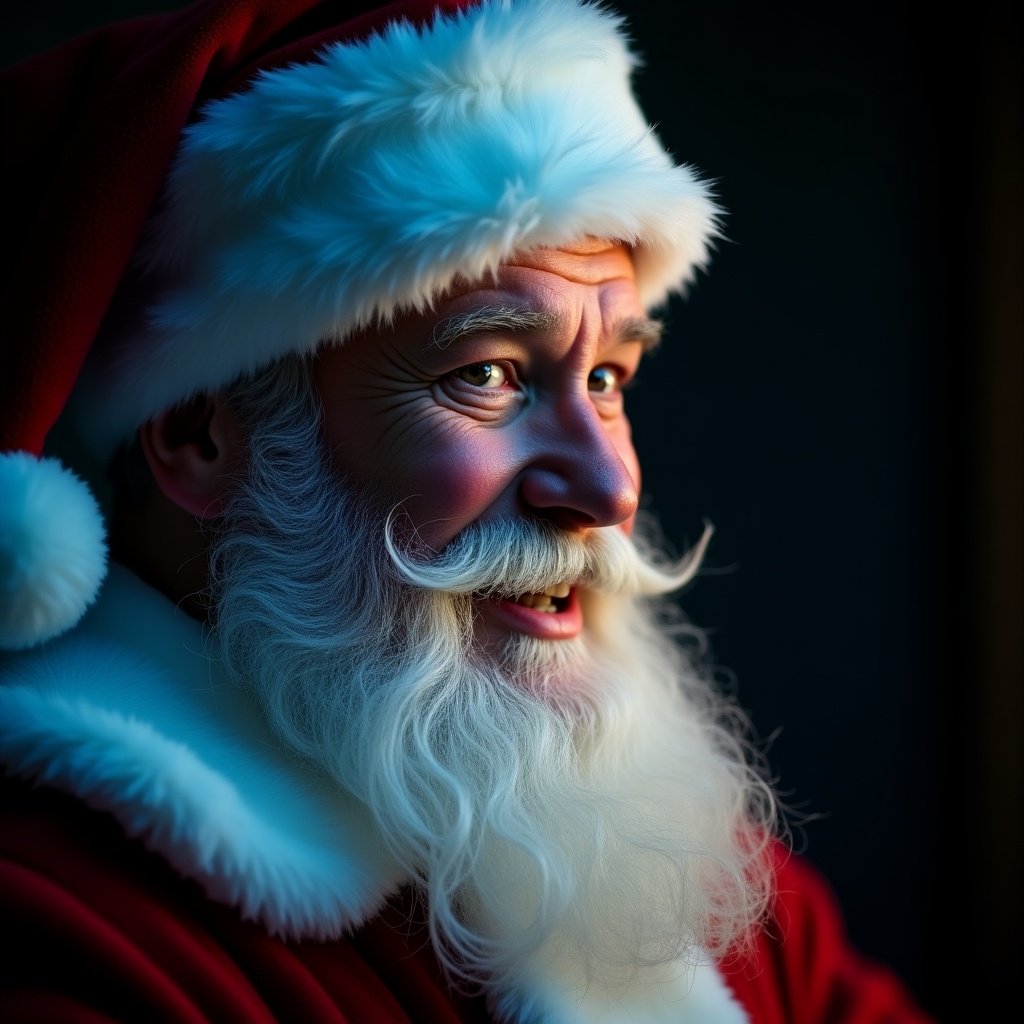 Photo-realistic close-up picture of a smiling Santa Claus at a 3/4 profile. His eyes are looking at the camera. Cool dramatic lighting from the left side and warm fill light in the shadow area. Dark background.