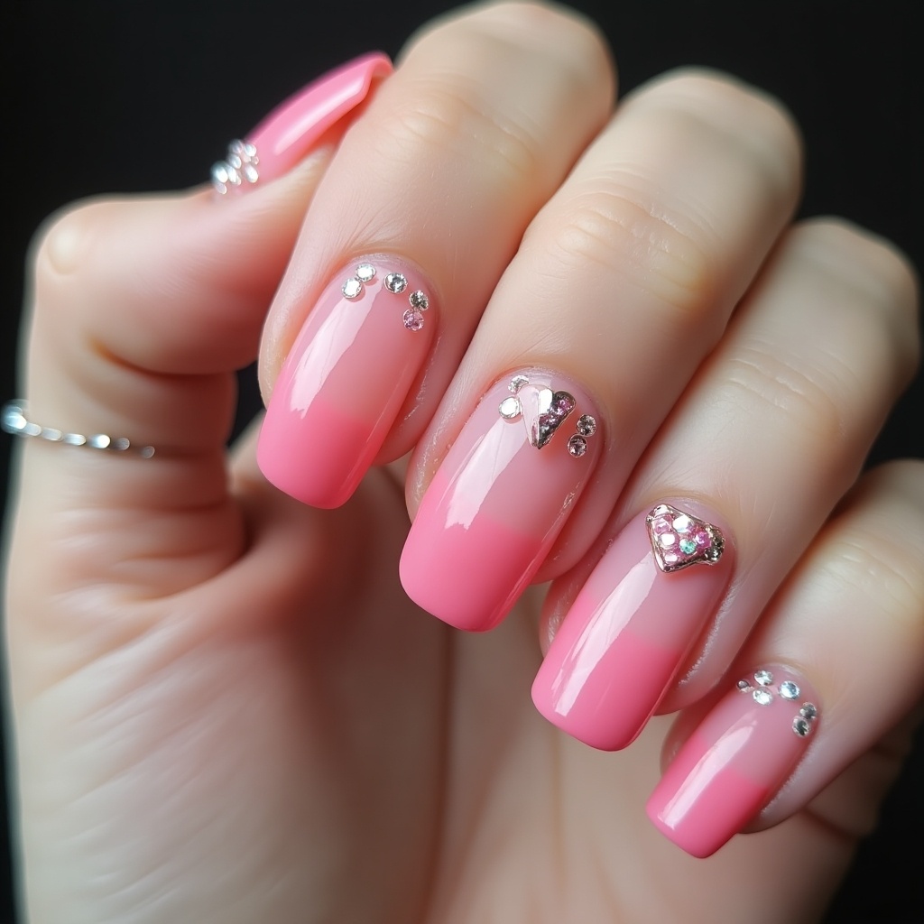 Hand showcasing Hot Pink French tips Small rhinestones Heart on the ring finger Coffin shape nails.