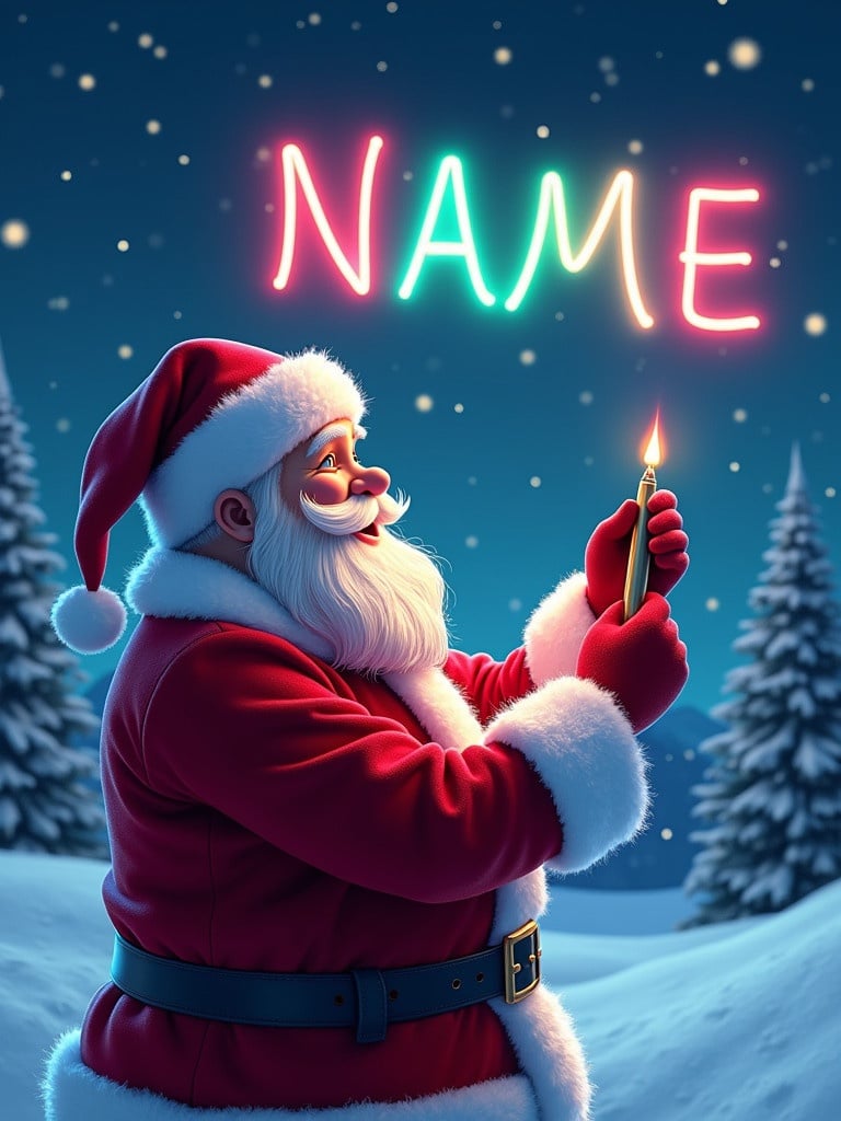 Beautiful Christmas theme scene with Santa Claus. Santa writes the name "NAME" in the sky. The writing is colorful and glows. Santa looks upwards at the illuminated letters. Snow-covered trees are in the background.