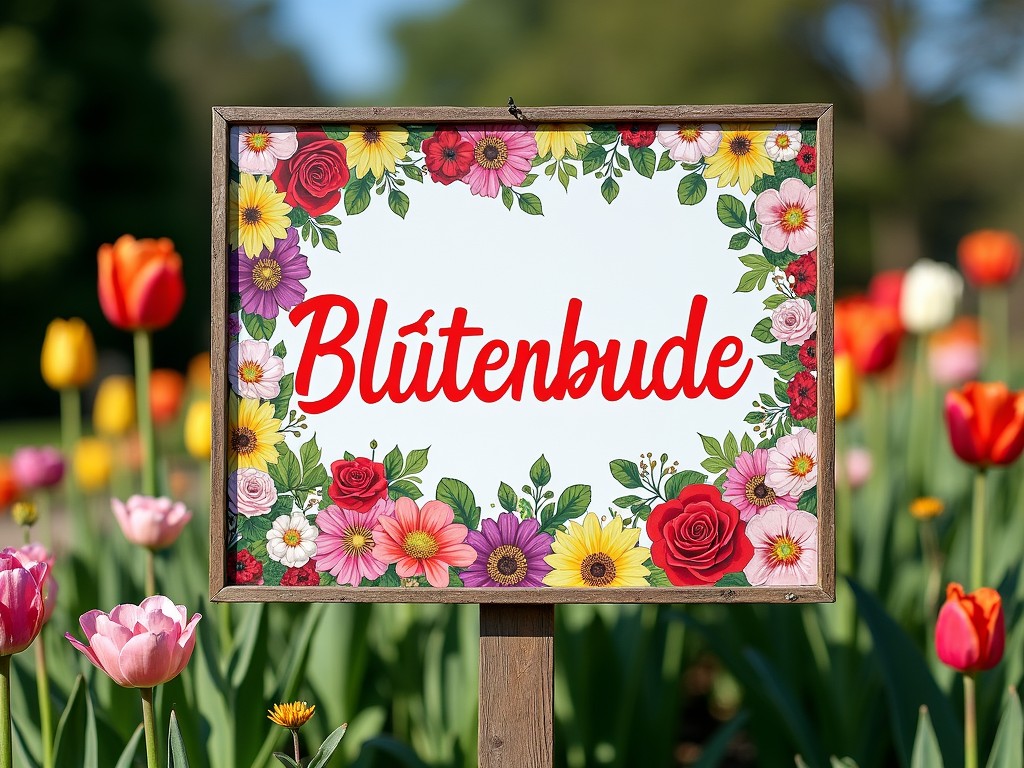 A decorative floral sign with the word 'Blütenbude', surrounded by vibrant tulips, in an outdoor garden setting.