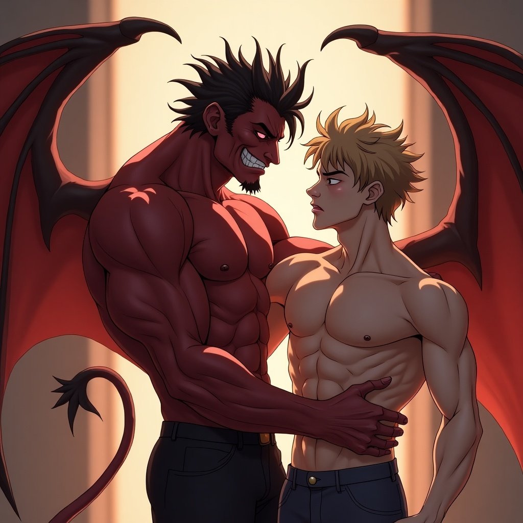 Anime style image of a muscular male demon interacting closely with a flustered human teen. The demon has sharp features with pointed ears and horns. The human teen shows signs of shyness or embarrassment. Background features warm light highlighting their expressions. Characters have defined muscles and are engaging in a tense moment.