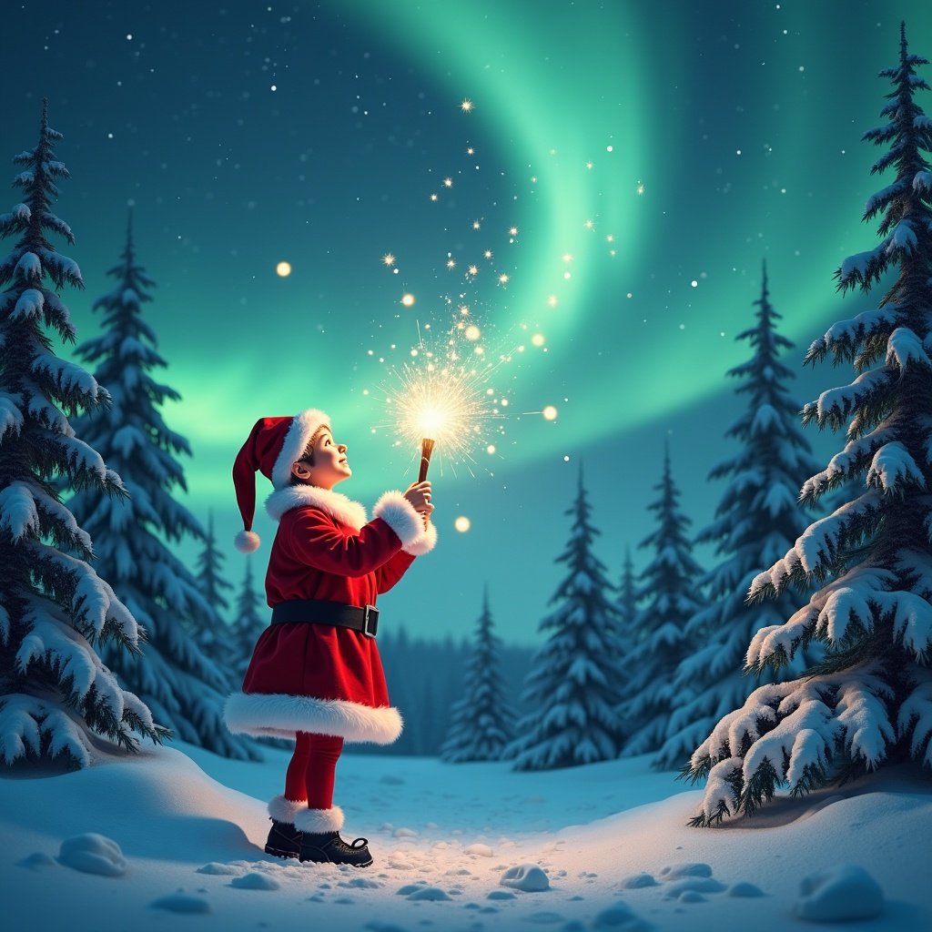 A joyful elf stands in a snowy landscape, wearing a bright red outfit with white trim. The elf is using a magical wand, creating twinkling sparks that fill the air. Above, a spectacular display of northern lights dances in the night sky, casting enchanting colors. The surroundings are a winter wonderland, with pine trees covered in a blanket of snow. This scene encapsulates the magical essence of the holiday season, filled with warmth and joy.