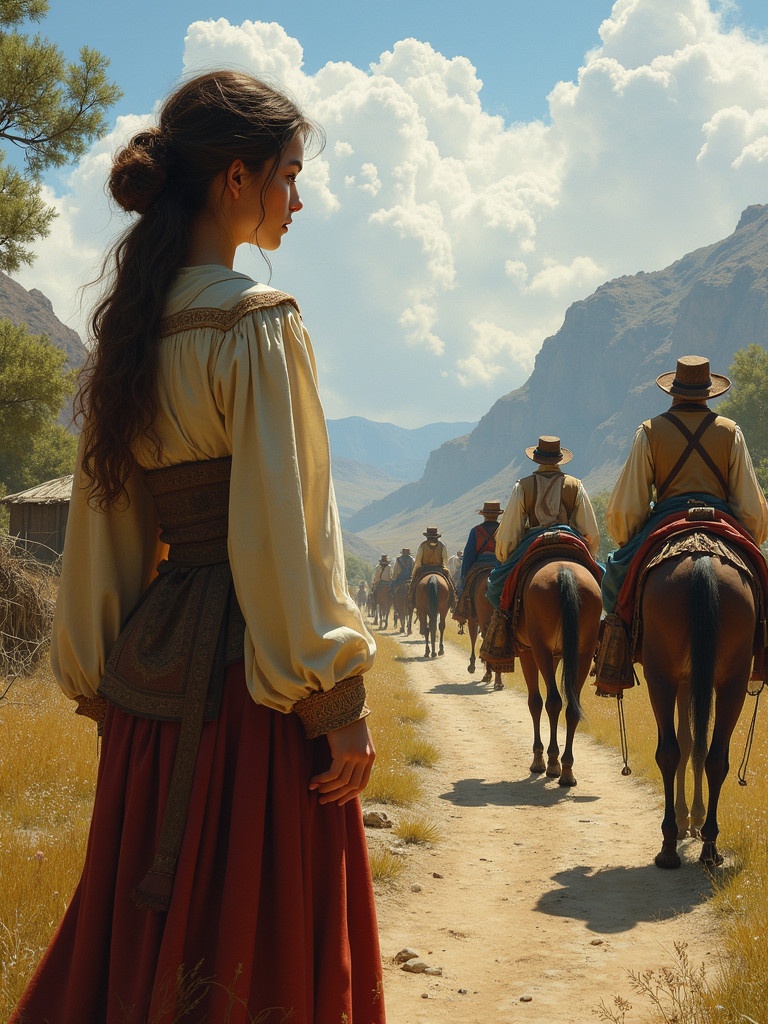 A young woman stands on a dusty path. She wears simple peasant clothing. She gazes at a caravan of merchants. The caravan passes through her village. The scene conveys her longing for adventure. Mountains rise in the background. Fluffy clouds fill the blue sky. A sense of nostalgia surrounds her.