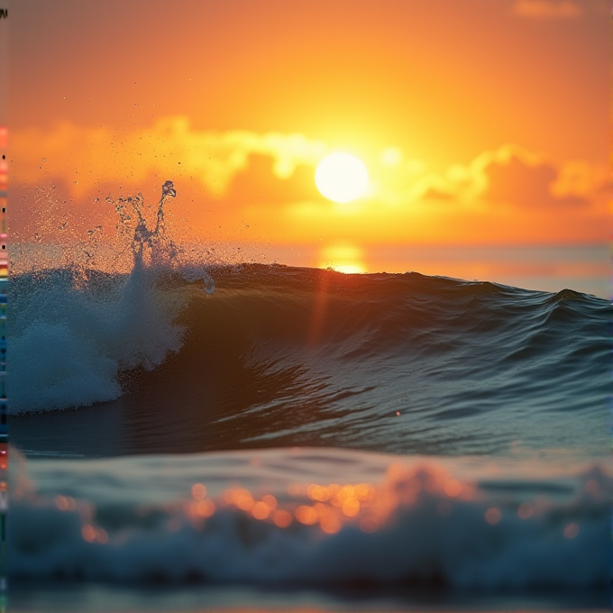 A dramatic ocean wave crashes under a vibrant sunset, with glowing orange and golden hues reflecting on the water.