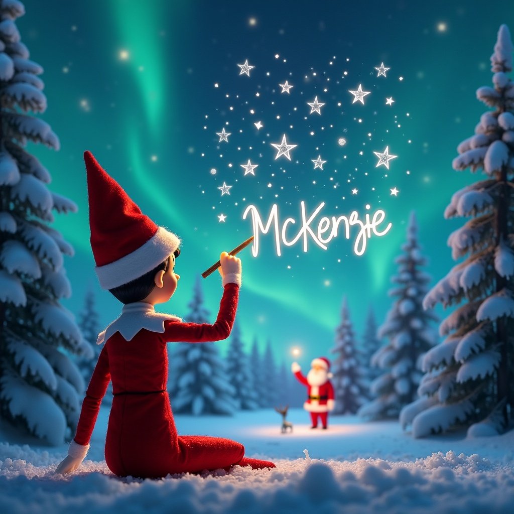 Image features girl elf on the shelf. Elf is in classic red outfit. Elf uses wand to write name 'McKenzie' among twinkling stars. Background shows northern lights. Snow-covered trees surround elf. Silhouette of Santa is in the distance. Scene emphasizes Christmas theme and joy.